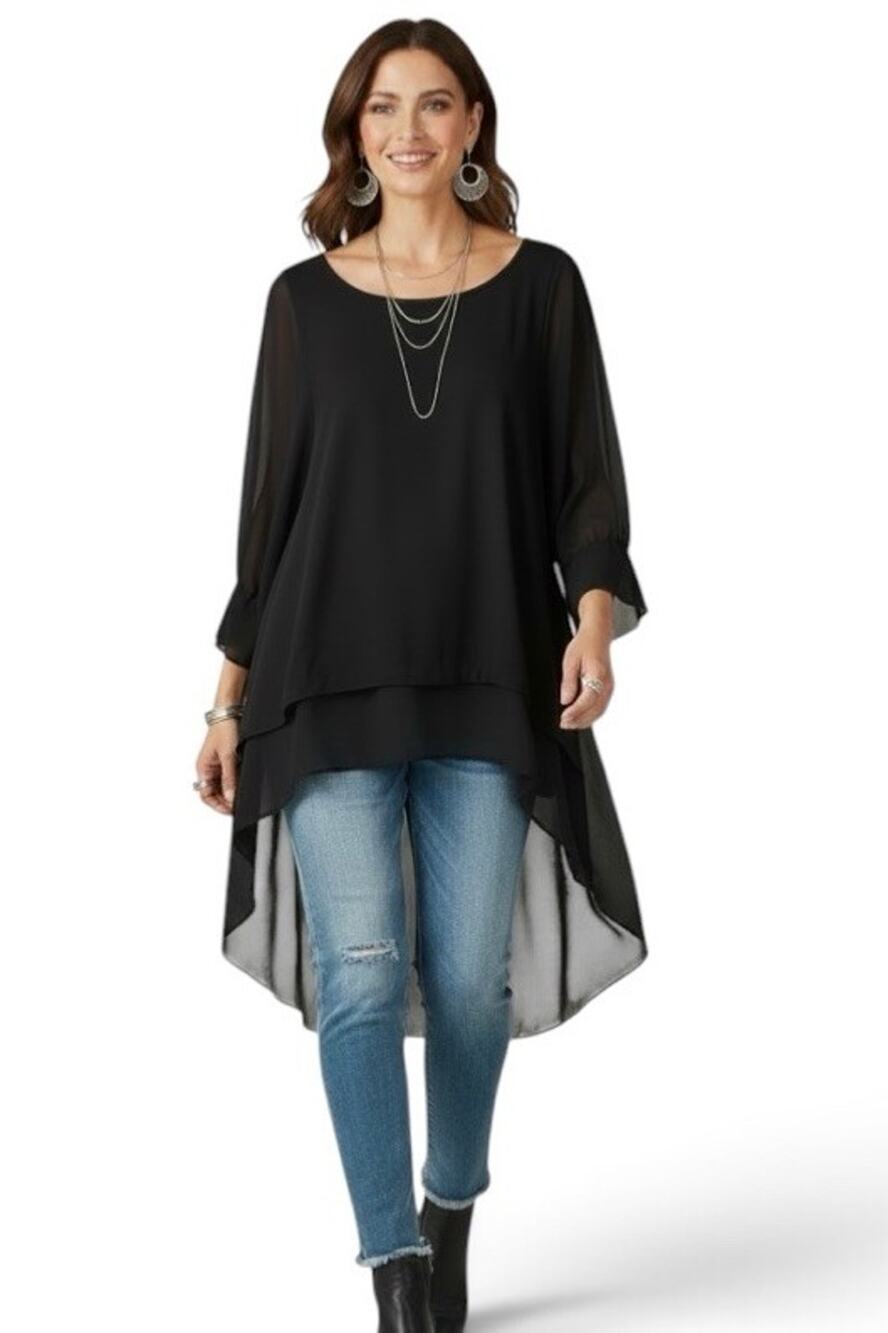 SEVEN 7 Black Chiffon Layered Crepe Top with Sheer Sleeves & Hem Blouse LARGE